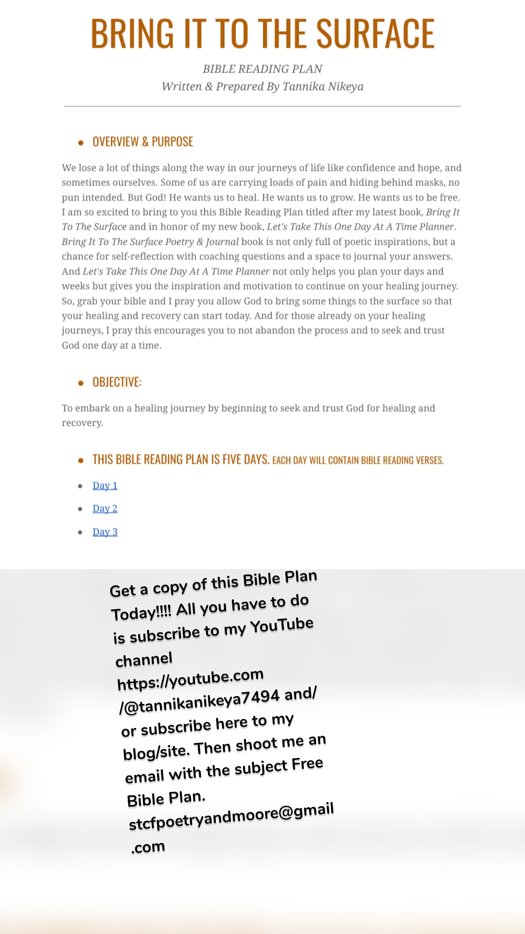 Get a copy of this Bible Plan Today!!!! All you have to do is subscribe to my YouTube channel https://youtube.com/@tannikanikeya7494 and/or subscribe here to my blog/site. Then shoot me an email with the subject Free Bible Plan. stcfpoetryandmoore@gmail.com