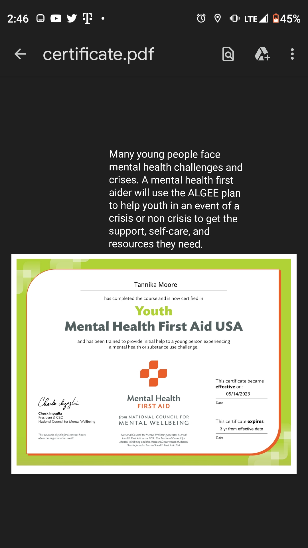 Many young people face mental health challenges and crises. A mental health first aider will use the ALGEE plan to help youth in an event of a crisis or non crisis to get the support, self-care, and resources they need. 